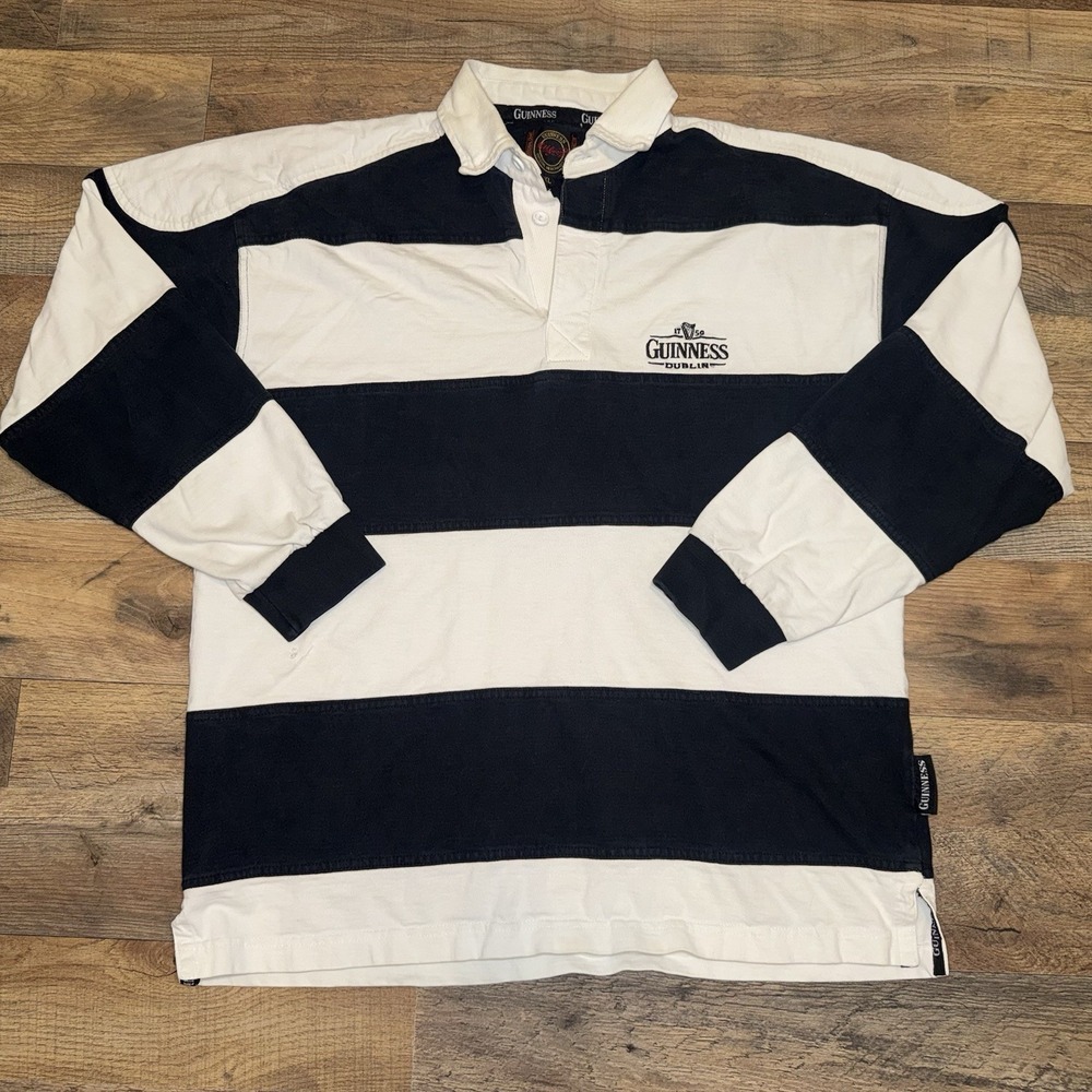 Vintage Guinness Men's Polo Shirt Striped Black White Rugby Long Sleeve Size XL